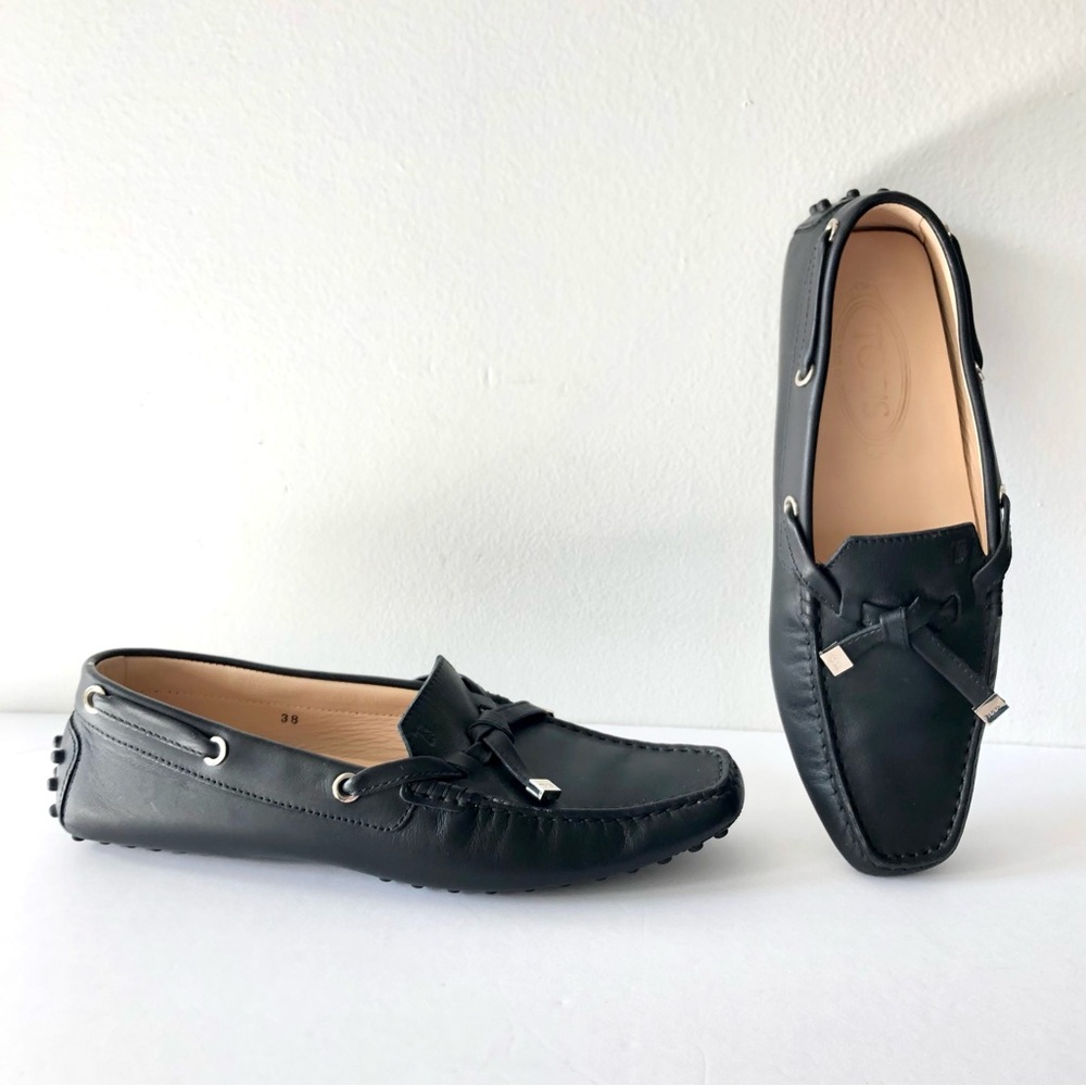 Tod's Black Leather Flats with Silver Accents